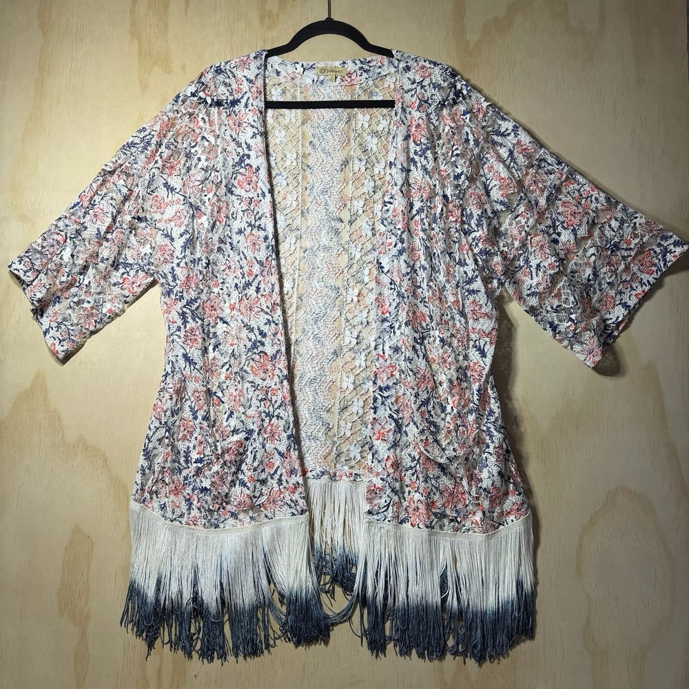 Democracy Women's Floral Lace‎ Kimono Cardigan Open Front Fringe Hem Boho